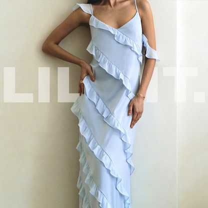 Lilifit™ Robe Évasée Bleu Ciel à Volants – Élégance Aérienne